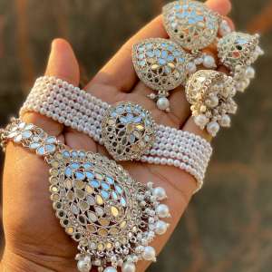 Silver Mirror Chokar Set | Big Mang Tikka with Jhumka